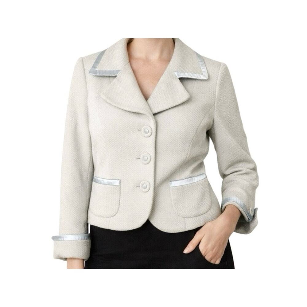 Bebe Jacket Womens Size XS Blue Wool Angora Cropped Blazer Tailored Satin Trim